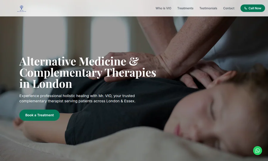Site de prezentare Healing Master UK pentru terapii complementare, cu mesaj de introducere și buton de programare