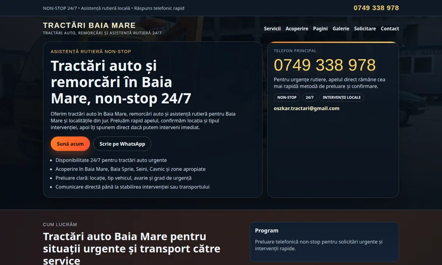 Homepage site web pentru firmă de tractări auto din Baia Mare, cu buton de apel rapid și servicii afișate clar